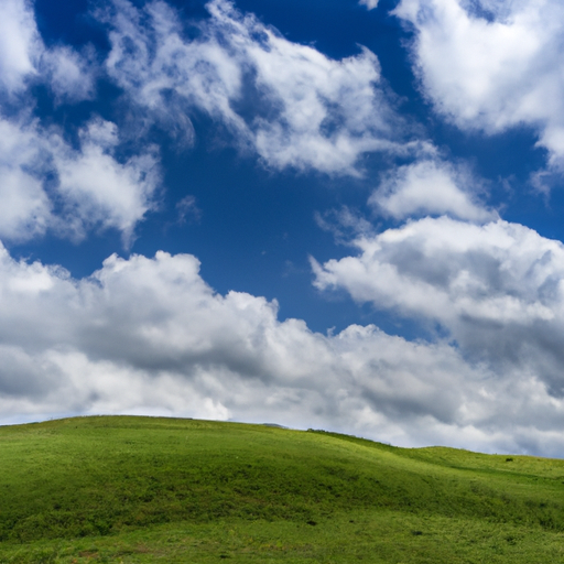 Blue sky, white clouds, green grassy slopes, breeze, Ghibli style, Tyndall effect, secondary generation style: secondary scene