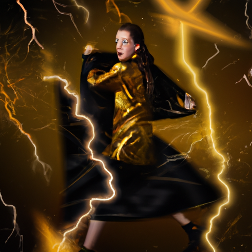 A young girl dressed in a golden cloak and black starry robes ran quickly entangled in lightning bolts