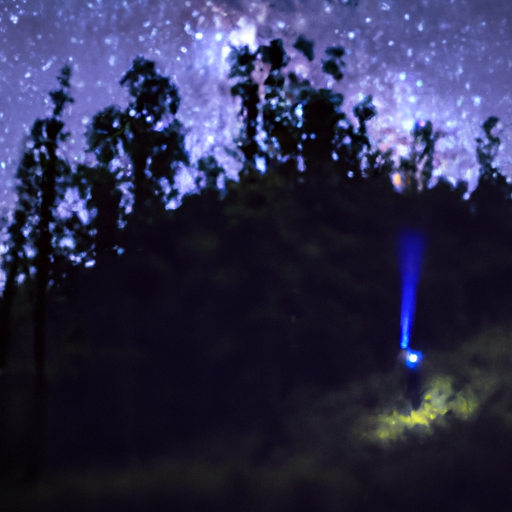 巨大的森林通向夜晚的天空,天空中有深邃、高对比度的明亮恒星。空气中流动着光。背着背包的女孩站在最外侧。背对着我们。深蓝色,银色。冷光灯。电影